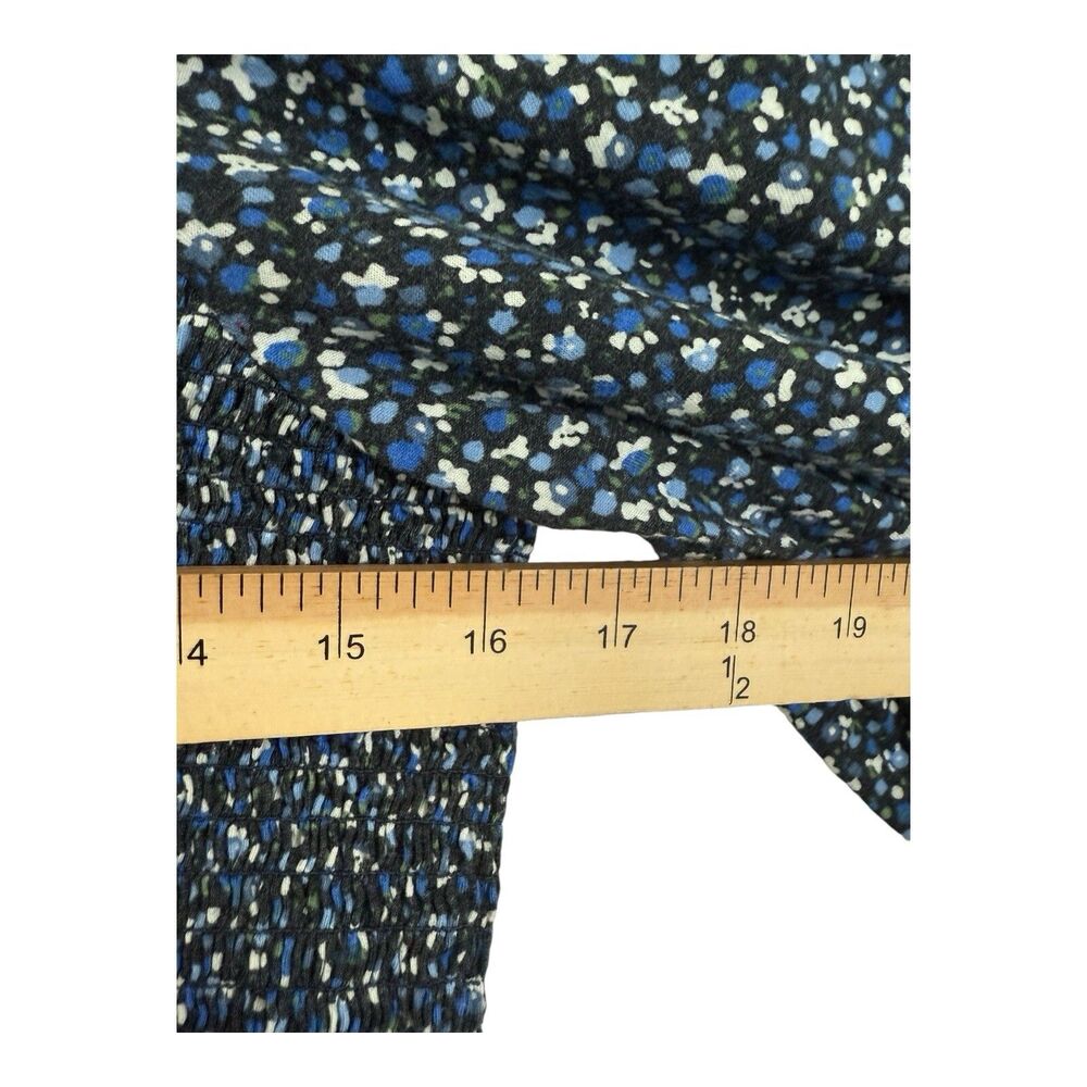 Gap Crop Top Size XL Smocked Square Neck Blue Black Floral Long Sleeves Stretch - Picture 7 of 9